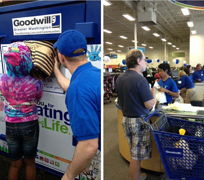 A collage of two pictures: one of a little girl giving a bag of donations to a Goodwill of Greater Washington donation bin and the other a customer at the checkout of a Goodwill of Greater Washington Retail Store
