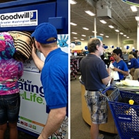 A collage of two pictures: one of a little girl giving a bag of donations to a Goodwill of Greater Washington donation bin and the other a customer at the checkout of a Goodwill of Greater Washington Retail Store