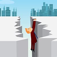 Stock image of a cartoon man in a business suit holding on to the edge of a chasm with a city in the background