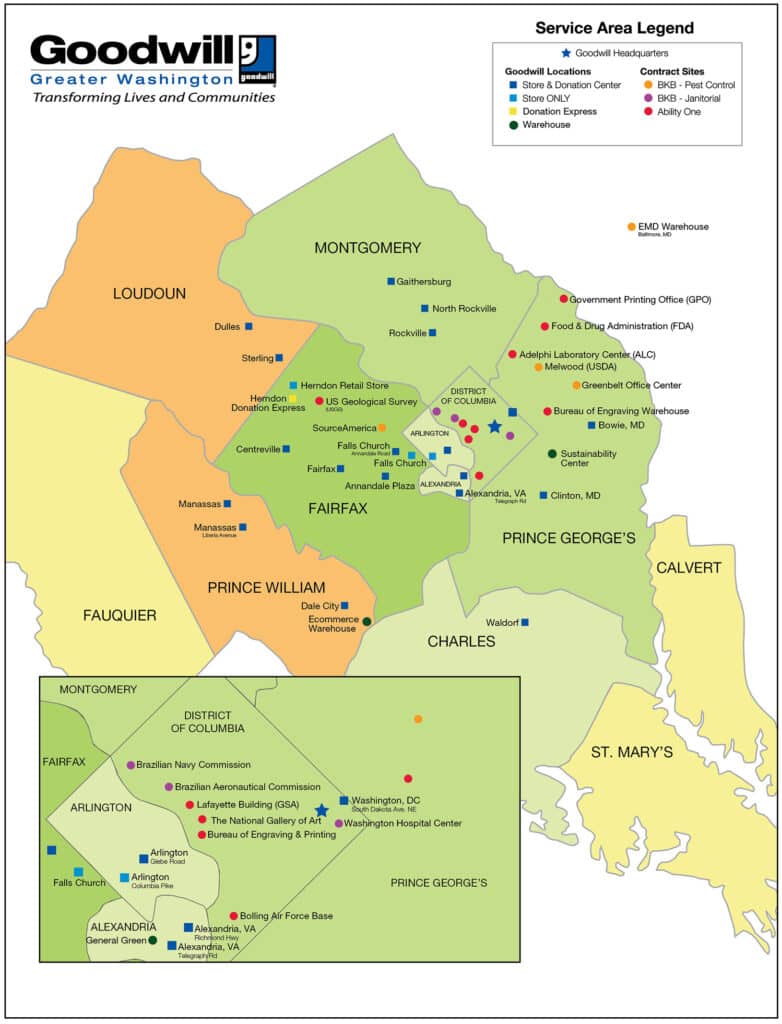 Goodwill of Greater Washington service area map. Includes retail stores, donation centers and contract sites.